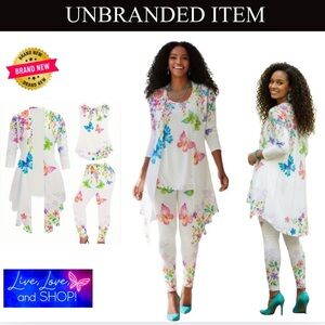 3 Piece: White Jacket w/Colorful Butterflies, Matching Pants, and Tank Top, EUC